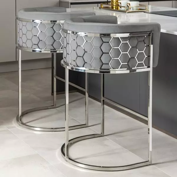 Honeycomb Curved Velvet Upholstered Bar Stools